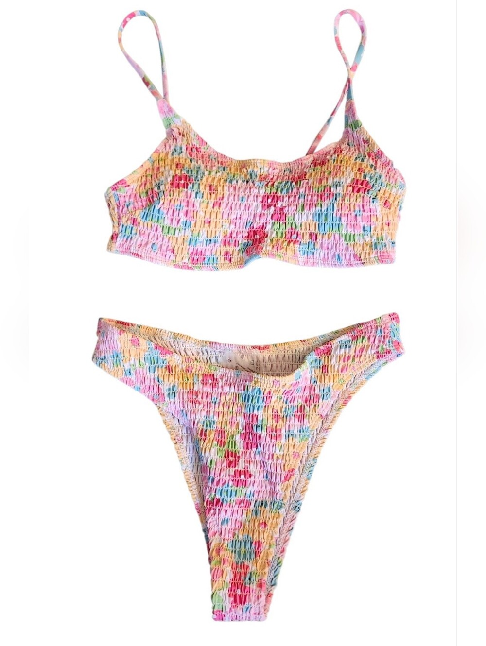 Women's Colorful/Pink Textured Floral Stretchy High Rise Cheeky Bikini Set, M